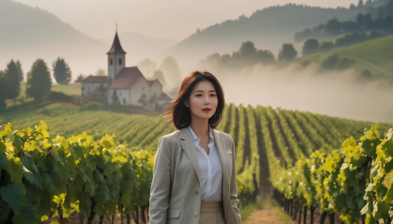 Woman in a beautiful landscape 8K highest quality, Beautiful 36-year-old Korean woman, Chest size 34 inches, Passing through the vineyards in the Swiss countryside, the cathedral is visible through the early morning fog., The back background is realistic and vivid image quality, short medium hair, Casual and British - (summer jacket) ,Perfect and realistic photos, The background is realistic. Full body shot with Canon camera 16-35 wide angle lens, expressionless, Walking up a vineyard hill covered in thick fog., Looking at the front camera