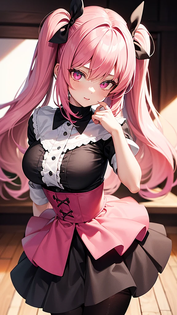 (Highest quality,Very detailed,1 Girl),Wearing black tights,Pink Hair,height: 160cm,cute,Pink Eyes,Twin tails,Big Breasts,Wear a uniform,Her eyes are white and shining,Look at me from up close,Has bright white eyes,