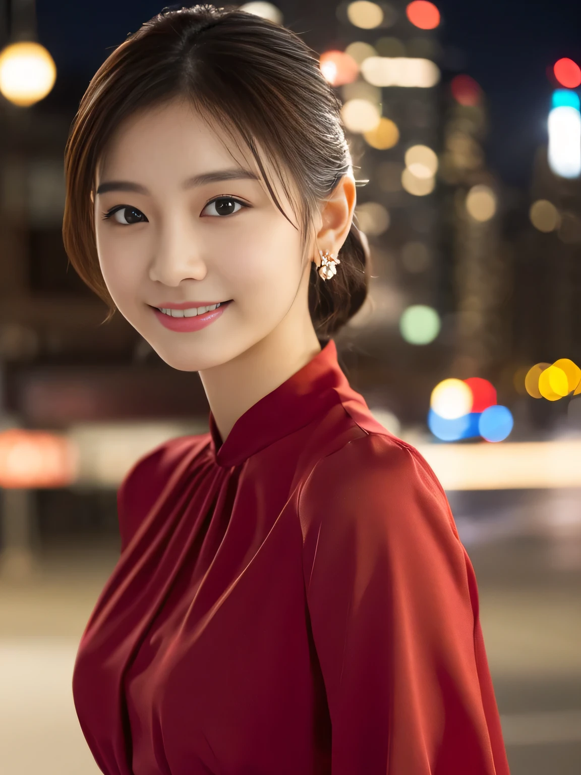 1 girl, (wearing a red blouse:1.2), Beautiful Japan actress,
(RAW photo, highest quality), (realistic, Photoreal:1.4), masterpiece, 
very delicate and beautiful, very detailed, 2k wallpaper, wonderful, 
finely, Very detailed CG Unity 8k 壁紙, super detailed, High resolution, 
soft light, beautiful detailed girl, very detailed目と顔, beautifully detailed nose, beautiful and fine eyes, 
cinematic lighting, Against the backdrop of the cityscape at night, city lights, perfect anatomy, slender body, smile, Random body orientation,