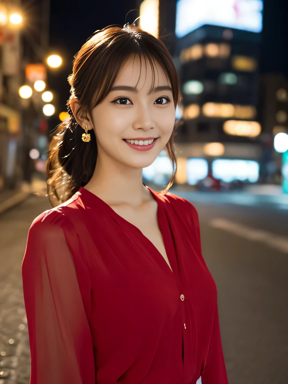 1 girl, (wearing a red blouse:1.2), Beautiful Japan actress,
(RAW photo, highest quality), (realistic, Photoreal:1.4), masterpiece, 
very delicate and beautiful, very detailed, 2k wallpaper, wonderful, 
finely, Very detailed CG Unity 8k 壁紙, super detailed, High resolution, 
soft light, beautiful detailed girl, very detailed目と顔, beautifully detailed nose, beautiful and fine eyes, 
cinematic lighting, Against the backdrop of the cityscape at night, city lights, perfect anatomy, slender body, smile, Random body orientation,