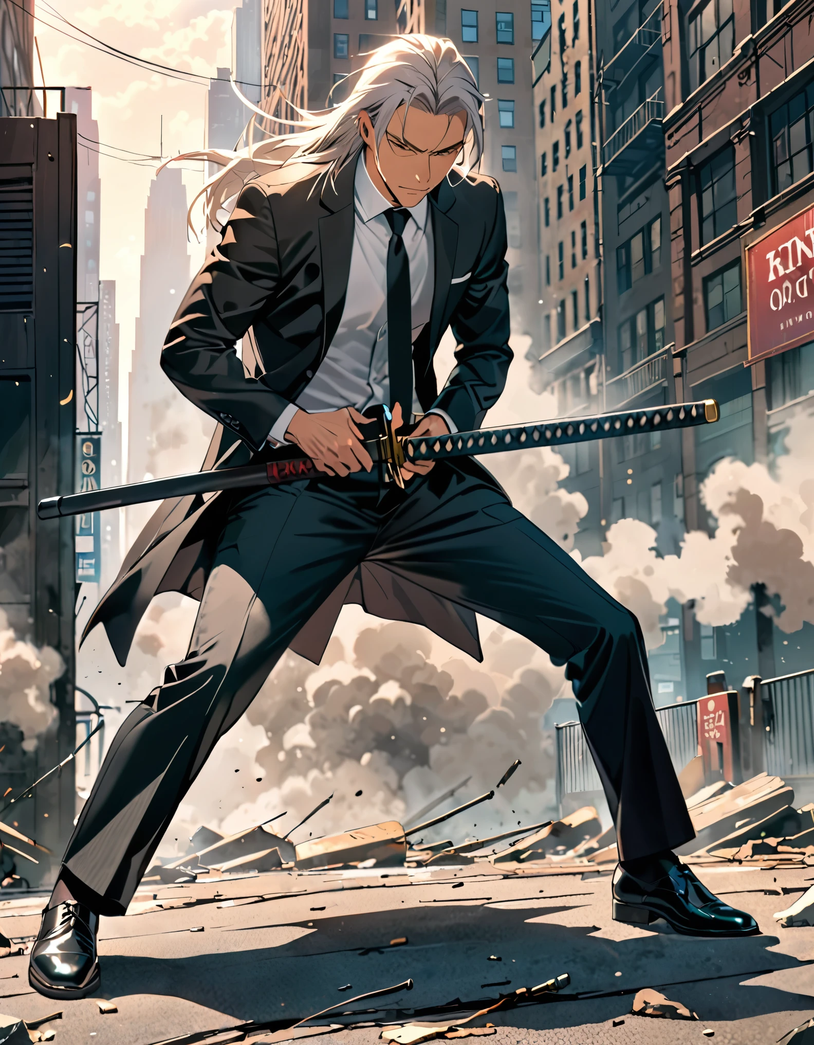 (masterpiece), (best quality), (hires), 1male, male focus, solo, solo focus, black footwear, coat, open coat, formal, full body, holding, holding sword, holding weapon, long hair, long sleeves, male focus, black necktie, old, old man, pants, shirt, solo, suit, katana, sword, weapon, white hair, new york backdrop, cowboy shot, noir atmosphere 