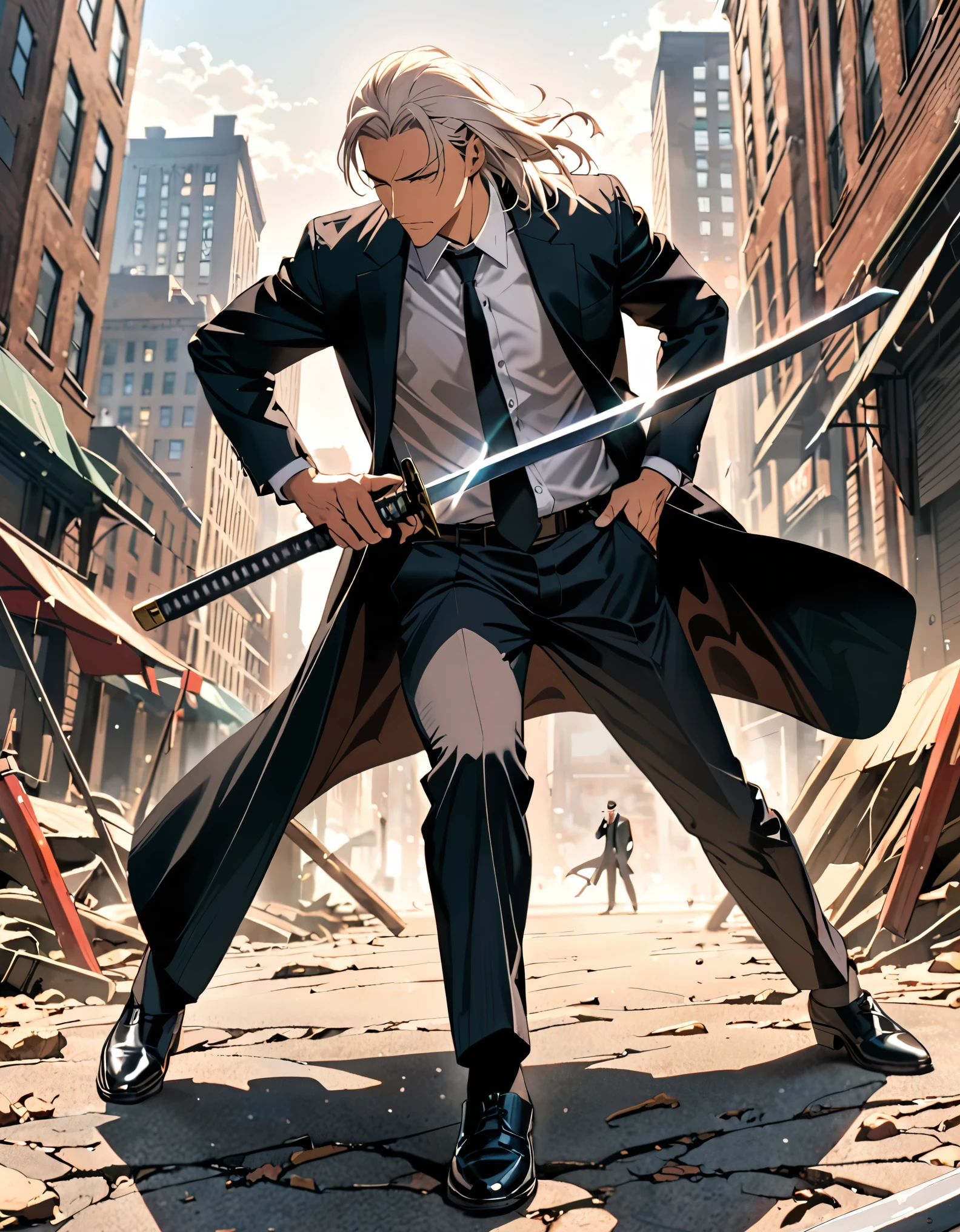 (masterpiece), (best quality), (hires), 1male, male focus, solo, solo focus, black footwear, coat, open coat, formal, full body, holding, holding sword, holding weapon, long hair, long sleeves, male focus, black necktie, old, old man, pants, shirt, solo, suit, katana, sword, weapon, white hair, new york backdrop, cowboy shot, noir atmosphere 