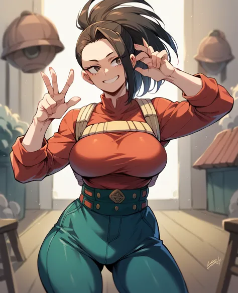 momo yaoyorozu from my hero academia wearing very sexy farm girl clothes while working hard with a smile