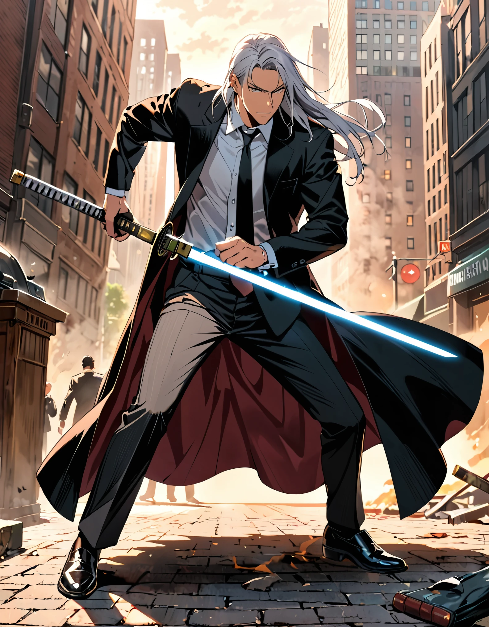 (masterpiece), (best quality), (hires), 1male, male focus, solo, solo focus, black footwear, coat, open coat, formal, full body, holding, holding sword, holding weapon, long hair, long sleeves, male focus, black necktie, old, old man, pants, shirt, solo, suit, katana, sword, weapon, white hair, new york backdrop, cowboy shot, noir atmosphere 