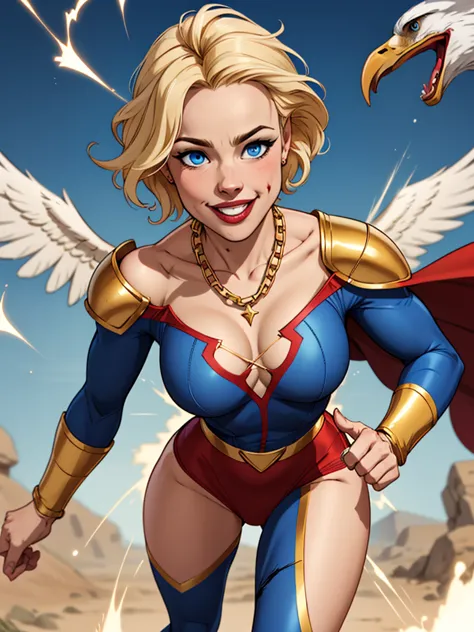 Young female, blonde with short hair, with big, bright blue eyes, wearing a blue costume, defined chest, wearing a golden should...