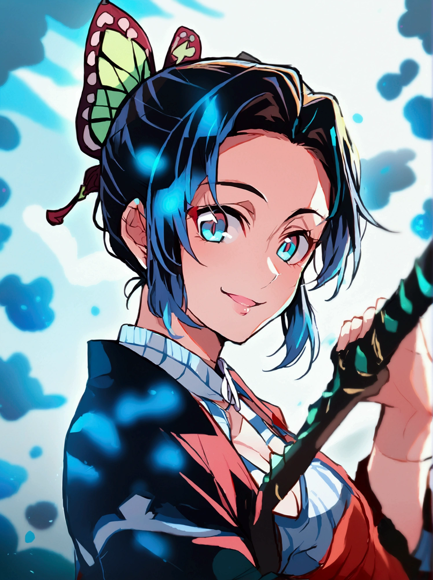 Kimetsu no Yaiba, top angle girl, Iconic pose, subtle smile, blue colored eyes, Bblack hair, Demon Hunter.