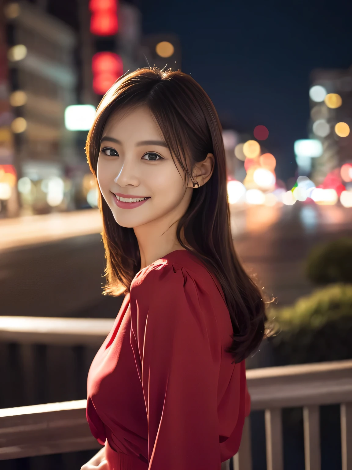 1 girl, (wearing a red blouse:1.2), Beautiful Japan actress,
(RAW photo, highest quality), (realistic, Photoreal:1.4), masterpiece, 
very delicate and beautiful, very detailed, 2k wallpaper, wonderful, 
finely, Very detailed CG Unity 8k 壁紙, super detailed, High resolution, 
soft light, beautiful detailed girl, very detailed目と顔, beautifully detailed nose, beautiful and fine eyes, normal size cheist,
cinematic lighting, Against the backdrop of the cityscape at night, city lights, perfect anatomy, slender body, smile, Random body orientation,