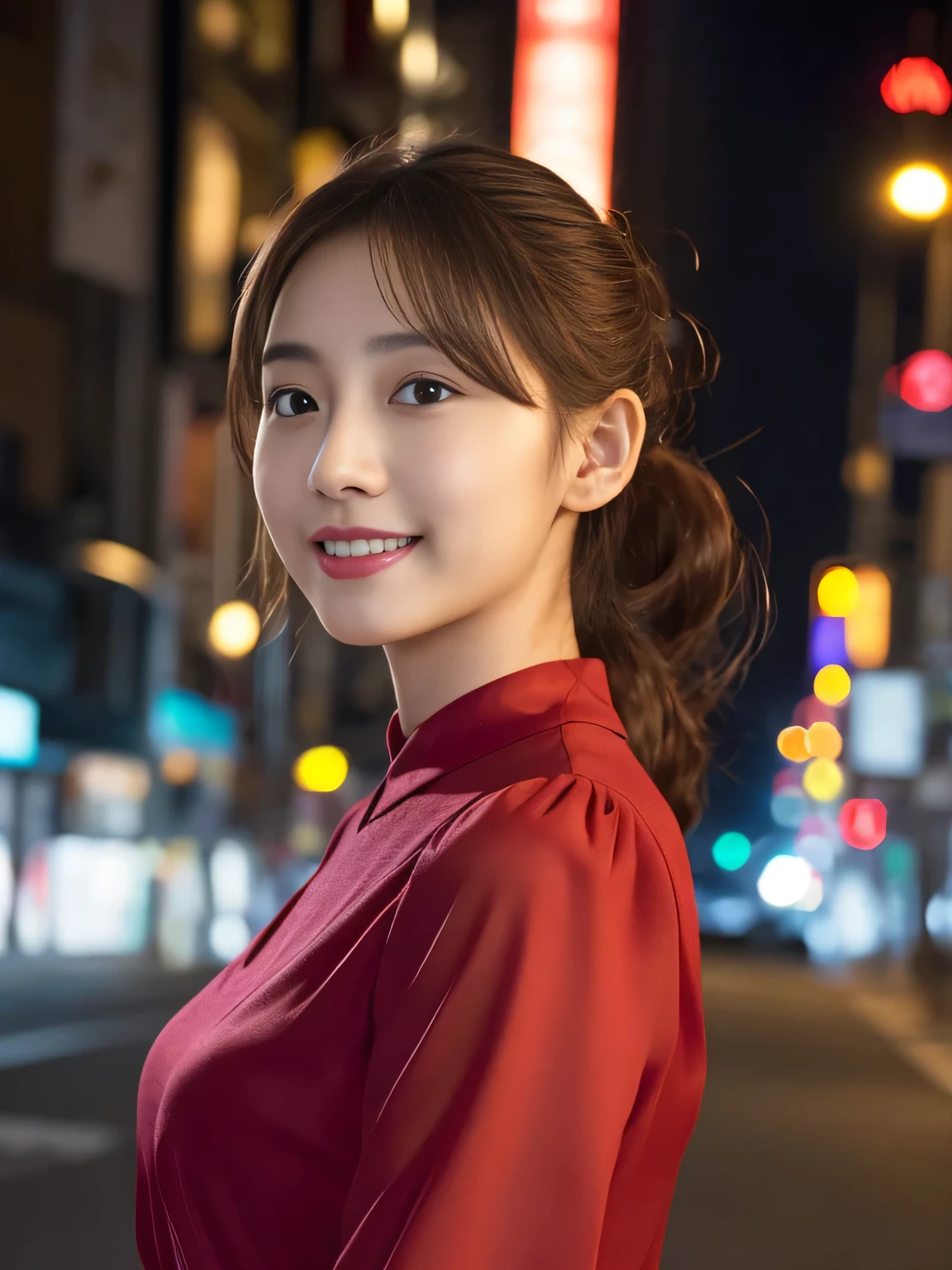 1 girl, (wearing a red blouse:1.2), Beautiful Japan actress,
(RAW photo, highest quality), (realistic, Photoreal:1.4), masterpiece, 
very delicate and beautiful, very detailed, 2k wallpaper, wonderful, 
finely, Very detailed CG Unity 8k 壁紙, super detailed, High resolution, 
soft light, beautiful detailed girl, very detailed目と顔, beautifully detailed nose, beautiful and fine eyes, normal size cheist,
cinematic lighting, Against the backdrop of the cityscape at night, city lights, perfect anatomy, slender body, smile, Random body orientation,