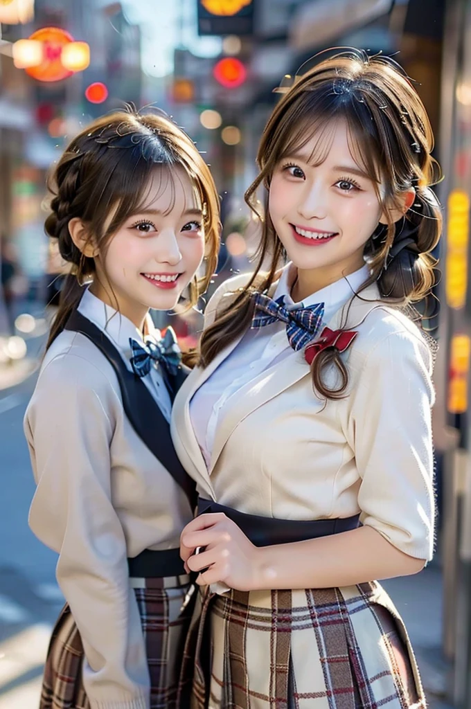 Three Beauties,3 girls, French Braid, Checked Skirt, a bow tie, winter blazer uniform, smile, big laugh