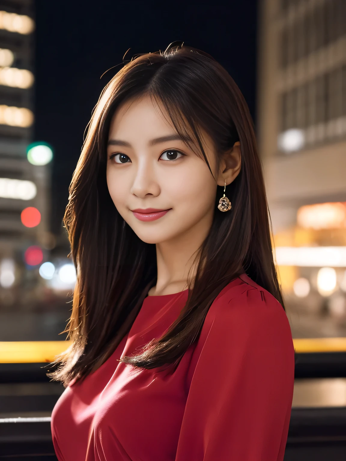 1 girl, (wearing a red blouse:1.2), Beautiful Japan actress,
(RAW photo, highest quality), (realistic, Photoreal:1.4), masterpiece, 
very delicate and beautiful, very detailed, 2k wallpaper, wonderful, 
finely, Very detailed CG Unity 8k 壁紙, super detailed, High resolution, 
soft light, beautiful detailed girl, very detailed目と顔, beautifully detailed nose, beautiful and fine eyes, long hair, normal size cheist,
cinematic lighting, Against the backdrop of the cityscape at night, city lights, perfect anatomy, slender body, smile, Random body orientation,