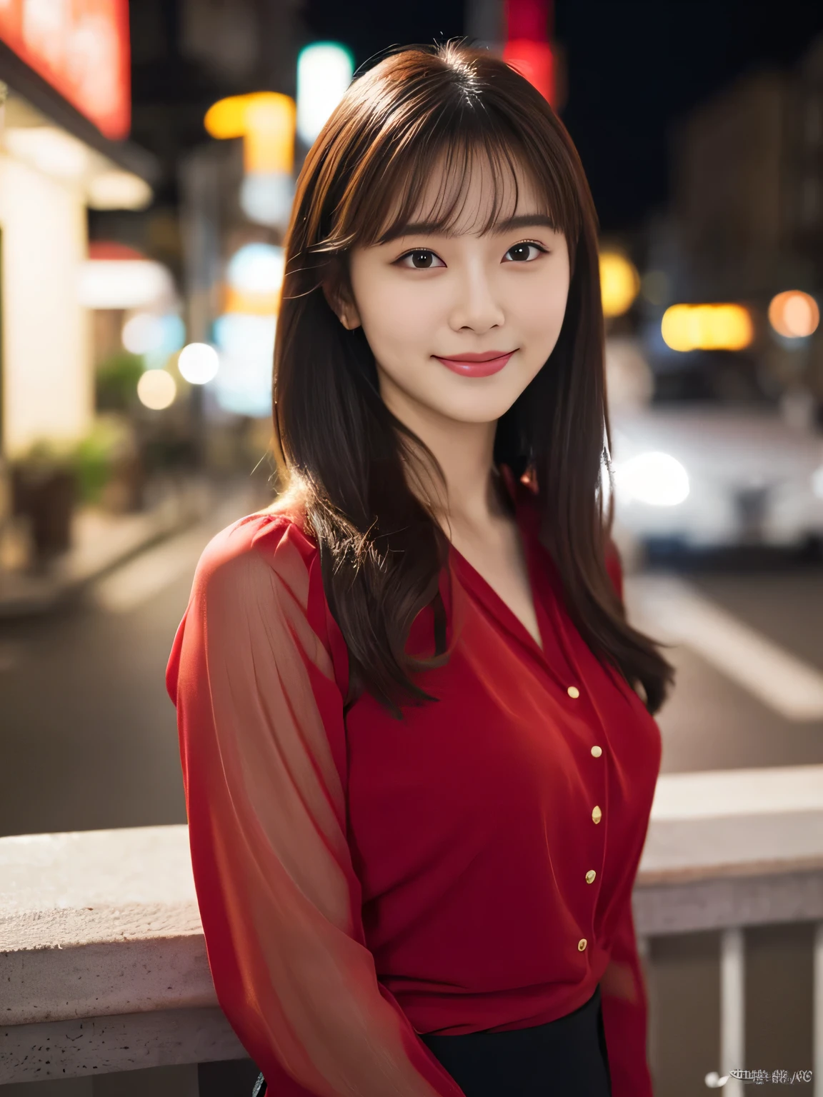 1 girl, (wearing a red blouse:1.2), Beautiful Japan actress,
(RAW photo, highest quality), (realistic, Photoreal:1.4), masterpiece, 
very delicate and beautiful, very detailed, 2k wallpaper, wonderful, 
finely, Very detailed CG Unity 8k 壁紙, super detailed, High resolution, 
soft light, beautiful detailed girl, very detailed目と顔, beautifully detailed nose, beautiful and fine eyes, long hair, normal size cheist,
cinematic lighting, Against the backdrop of the cityscape at night, city lights, perfect anatomy, slender body, smile, Random body orientation,