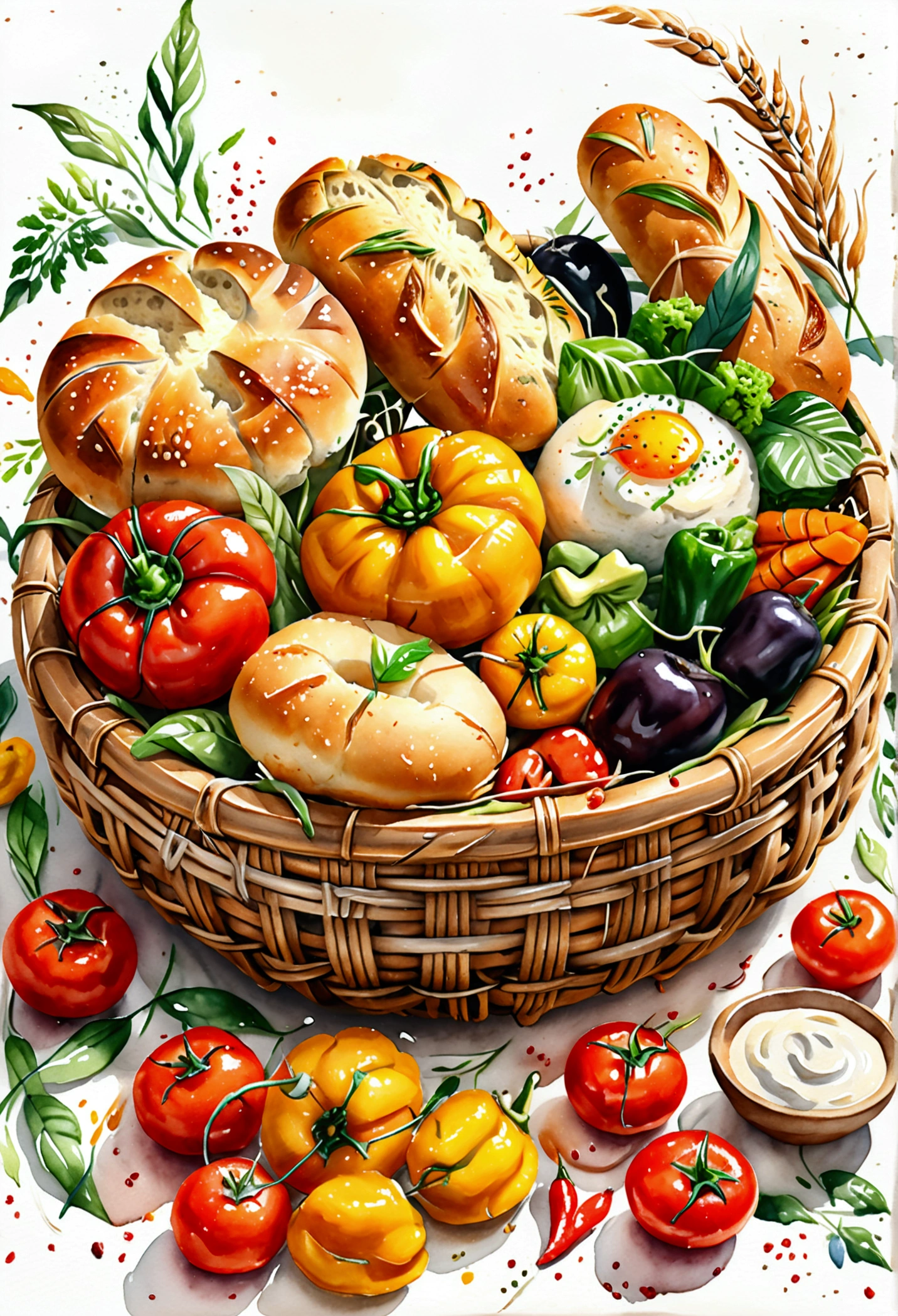 un cuenco de mimbre de madera lleno de comida vegetariana, ilustración, ingredientes para hornear, aislado con fondo blanco sólido, rodeado de espacio negativo, composición centrada, 8K, pintura más detallada, pintura muy precisa, aislado, fondo blanco sólido claro, ángulo de visión en perspectiva, estilo de dibujos animados, ((acuarela:1)), Clipart, (lora:agregar-detalle-xl:1), (obra maestra), (mejor calidad), no hay pan en el suelo,