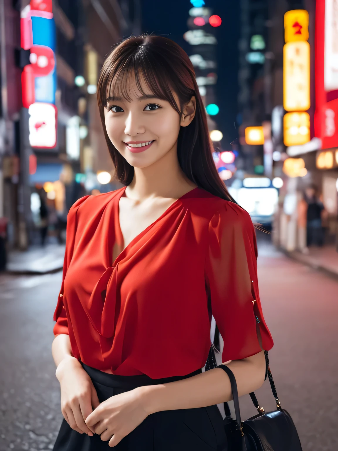 1 girl, (wearing a red blouse:1.2), Beautiful Japan actress,
(RAW photo, highest quality), (realistic, Photoreal:1.4), masterpiece, 
very delicate and beautiful, very detailed, 2k wallpaper, wonderful, 
finely, Very detailed CG Unity 8k 壁紙, super detailed, High resolution, 
soft light, beautiful detailed girl, very detailed目と顔, beautifully detailed nose, beautiful and fine eyes, long hair, normal size cheist,
cinematic lighting, Against the backdrop of the cityscape at night, city lights, perfect anatomy, slender body, smile, Random body orientation,