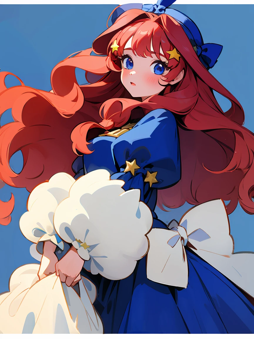 (masterpiece, best quality:1.2), 1 girl, alone，red wavy hair，Light fluffy long hair，bow headband，star hairclips, blue eyes, itsuki nakano,  indigo dress, deep blue dress,,, puffy sleeves, juliet sleeves, clean background