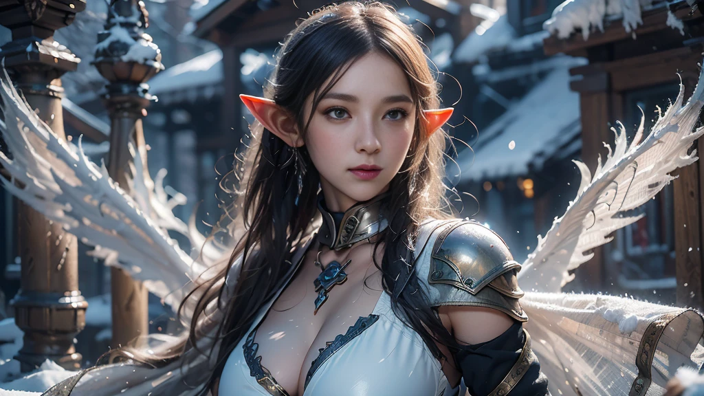 Close-up of woman in openwork armor, Armor Girl, 2. 5D CGI anime fantasy artwork, Large Breasts，Epic fantasy digital art style, detailed Digital 2D fantasy art, Digital 2D fantasy art, original photo, (best quality:1.3), high resolution, (masterpiece), (lifelike:1.4), Professional photography, Clear focus, High Dynamic Range, 8k resolution, Intricate details, Fine details, Depth of Field, Extremely detailed CG unified 8k wallpaper, masterpiece，poster，best quality，Official Art，（Beauty and aesthetics：1.2），（masterpiece：1.3），Female Elf，individual，Light Leather Armor，complex pattern，snow，castle，Medium distance photography，（early morning），dramatic，Glowing Wings，