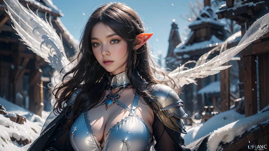 Close-up of woman in openwork armor, Armor Girl, 2. 5D CGI anime fantasy artwork, Large Breasts，Epic fantasy digital art style, detailed Digital 2D fantasy art, Digital 2D fantasy art, original photo, (best quality:1.3), high resolution, (masterpiece), (lifelike:1.4), Professional photography, Clear focus, High Dynamic Range, 8k resolution, Intricate details, Fine details, Depth of Field, Extremely detailed CG unified 8k wallpaper, masterpiece，poster，best quality，Official Art，（Beauty and aesthetics：1.2），（masterpiece：1.3），Female Elf，individual，Light Leather Armor，complex pattern，snow，castle，Medium distance photography，（early morning），dramatic，Glowing Wings，