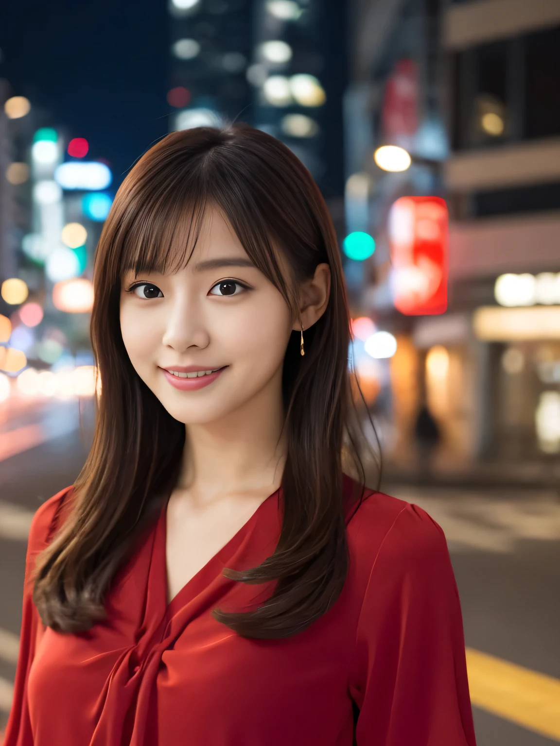 1 girl, (wearing a red blouse:1.2), Beautiful Japan actress,
(RAW photo, highest quality), (realistic, Photoreal:1.4), masterpiece, 
very delicate and beautiful, very detailed, 2k wallpaper, wonderful, 
finely, Very detailed CG Unity 8K 壁紙, super detailed, High resolution, 
soft light, beautiful detailed girl, very detailed目と顔, beautifully detailed nose, beautiful and fine eyes, long hair, normal size cheist,
cinematic lighting, Against the backdrop of the cityscape at night, city lights, perfect anatomy, slender body, smile, (looking at viewer), Random body orientation,