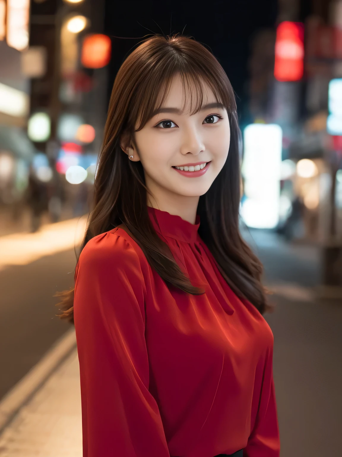 1 girl, (wearing a red blouse:1.2), Beautiful Japan actress,
(RAW photo, highest quality), (realistic, Photoreal:1.4), masterpiece, 
very delicate and beautiful, very detailed, 2k wallpaper, wonderful, 
finely, Very detailed CG Unity 8k 壁紙, super detailed, High resolution, 
soft light, beautiful detailed girl, very detailed目と顔, beautifully detailed nose, beautiful and fine eyes, long hair, normal size cheist,
cinematic lighting, Against the backdrop of the cityscape at night, city lights, perfect anatomy, slender body, smile, (looking at viewer), Random body orientation,