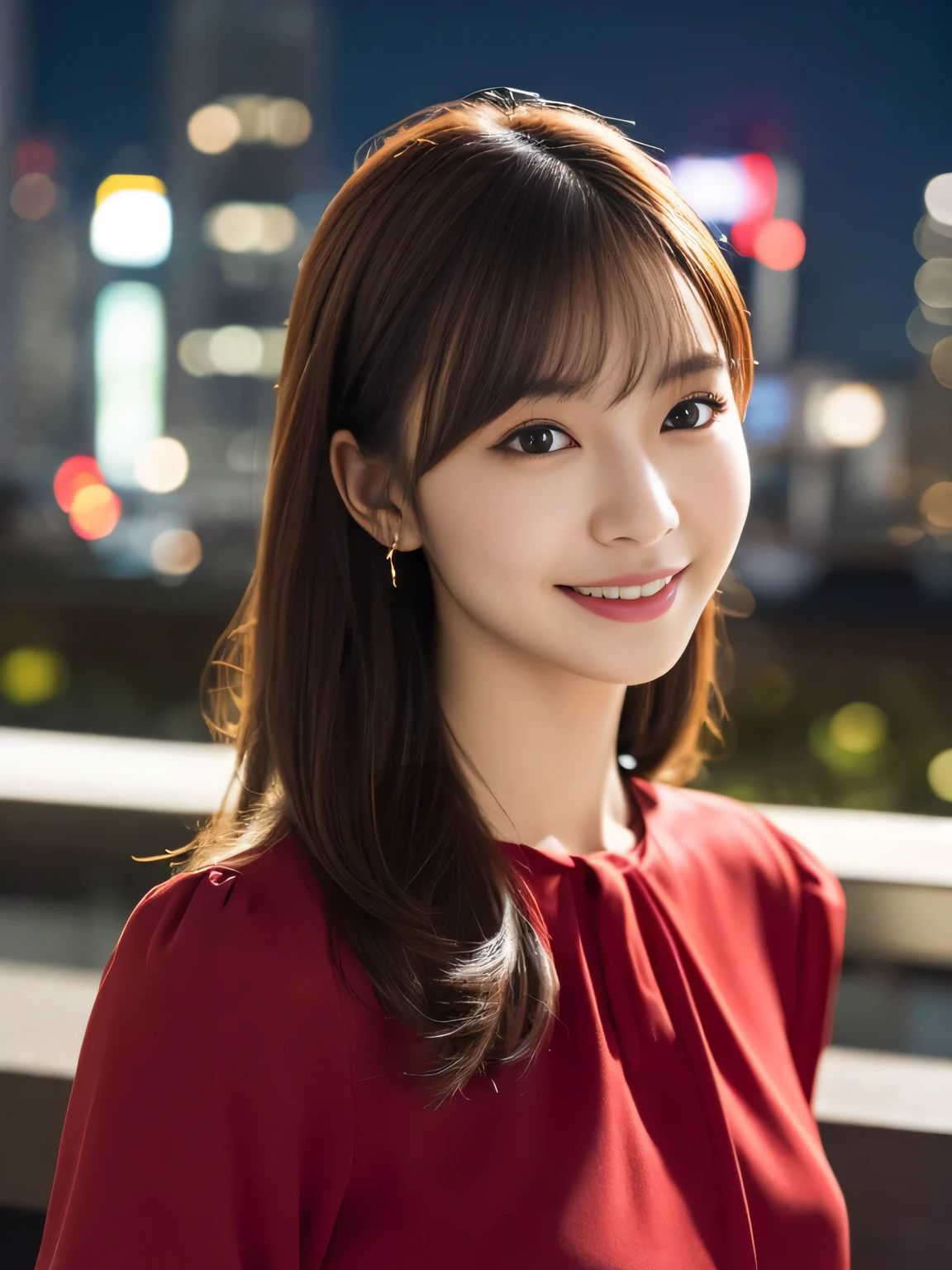 1 girl, (wearing a red blouse:1.2), Beautiful Japan actress,
(RAW photo, highest quality), (realistic, Photoreal:1.4), masterpiece, 
very delicate and beautiful, very detailed, 2k wallpaper, wonderful, 
finely, Very detailed CG Unity 8k 壁紙, super detailed, High resolution, 
soft light, beautiful detailed girl, very detailed目と顔, beautifully detailed nose, beautiful and fine eyes, long hair, normal size cheist,
cinematic lighting, Against the backdrop of the cityscape at night, city lights, perfect anatomy, slender body, smile, (looking at viewer), Random body orientation,