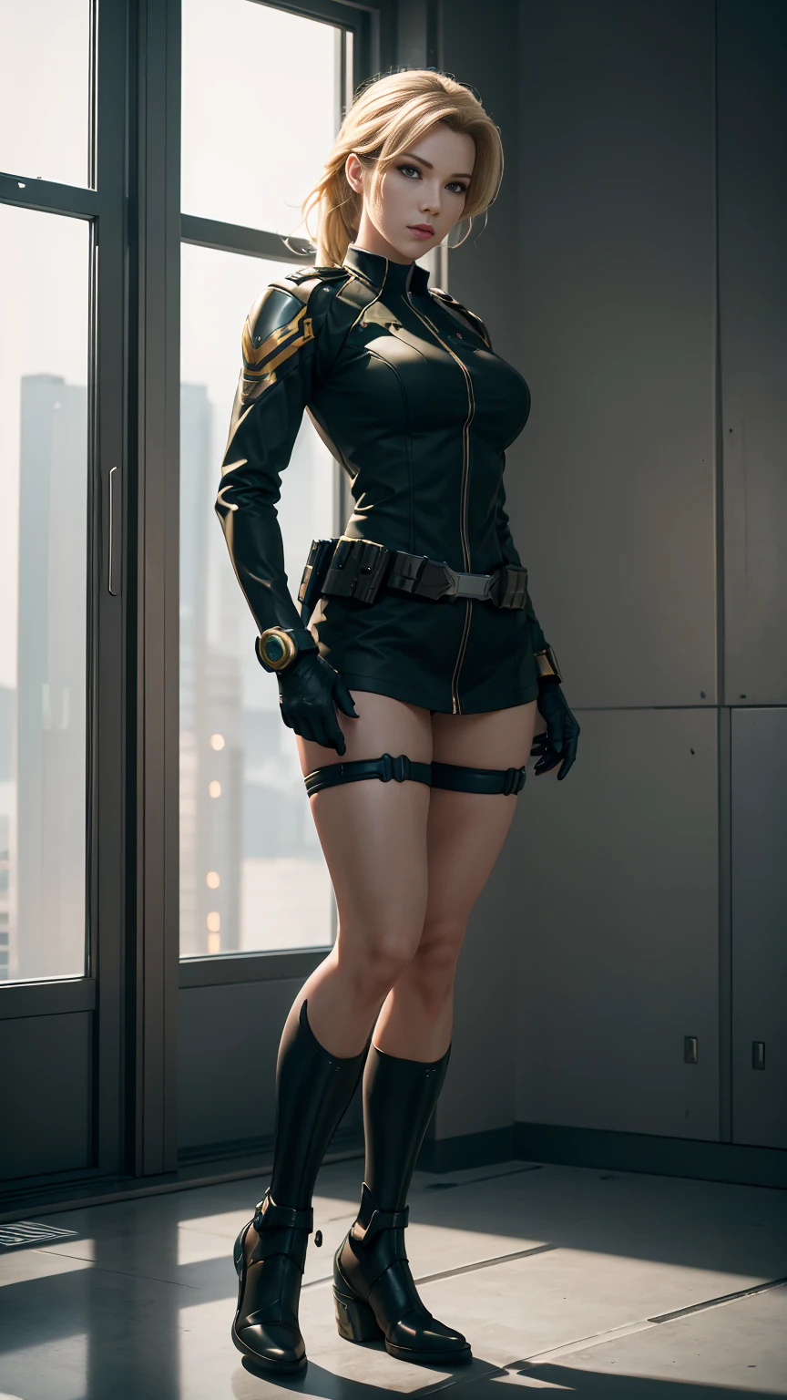 ((Full body photo, standing, feet on the ground)) Best quality, Masterpiece, eyes reflection, Best quality, Masterpiece, The Eye of Mercy Reflex, Alone, In Starkta, Perfect body, Blonde, Overwatch mercy style hairstyle, OW uniform, Green eyes, Two arms, Hold your signature weapon, Low-cut uniform, utility belt, Alone, Command Room, 8K, Masterpiece, A high resolution, absurderes, natural volumetric lighting and best shadows, Deep depth of field,  Sharp focus, Naughty face, Super delicious, Medium breasts