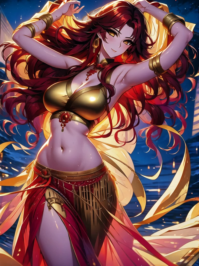 (masterpiece, best quality: 1.2), 1 female, solo, dancing alone, Xian Mei, beautiful golden eyes, detailed eyes, beautiful eyes, long red curly hair, detailed face, beautiful face, jewelry, perfect anatomy, perfect body , traditional belly dance dress , medieval China, sexy, hot, shapely breasts, beautiful breasts, beautiful background, belly dance, dance, beautiful dance, mountains in the background, sharp picture, clear picture, HD resolution, quality,