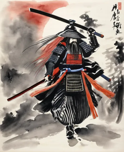 a sumi-e (ink painting) of the sengoku warlord uesugi kenshin wearing armor