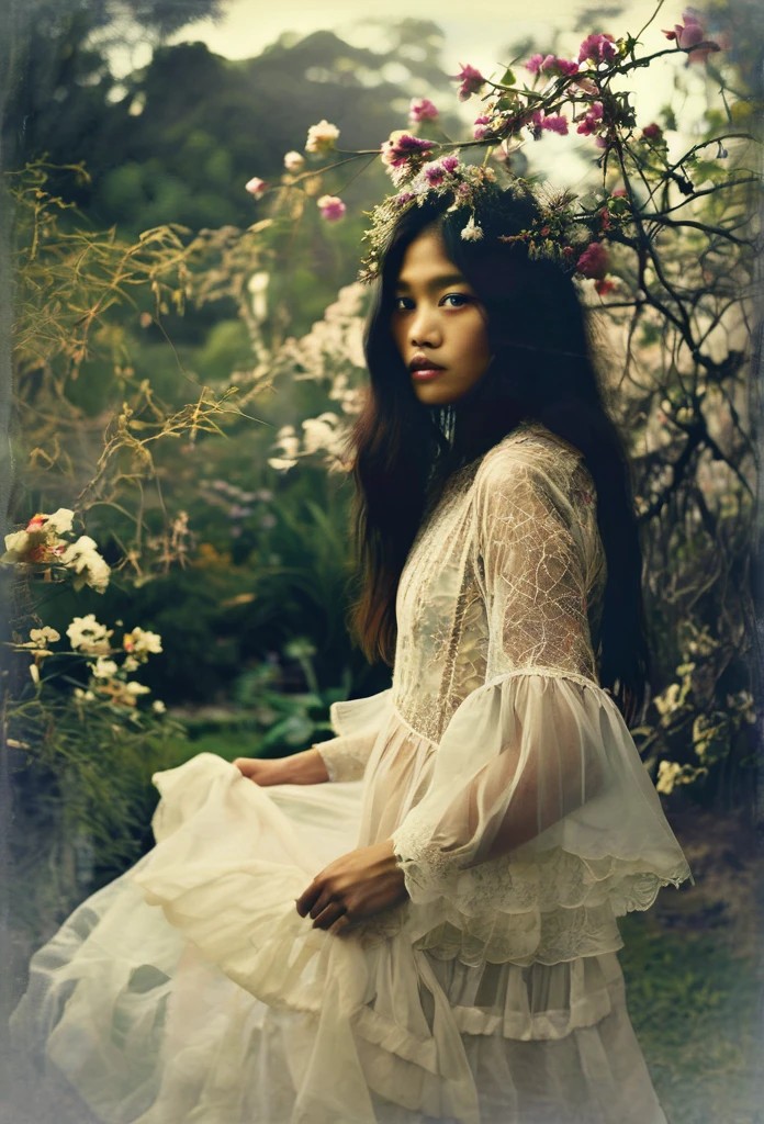 Ethereal Beauty in a Garden, digital art photograph, beautiful asian supermodel's face and body obscured by flowers, lace-trimmed garment, soft lighting, translucent fabrics, ethereal quality, dreamlike atmosphere, subtle colors, natural garden setting, Sally Mann-inspired style.
