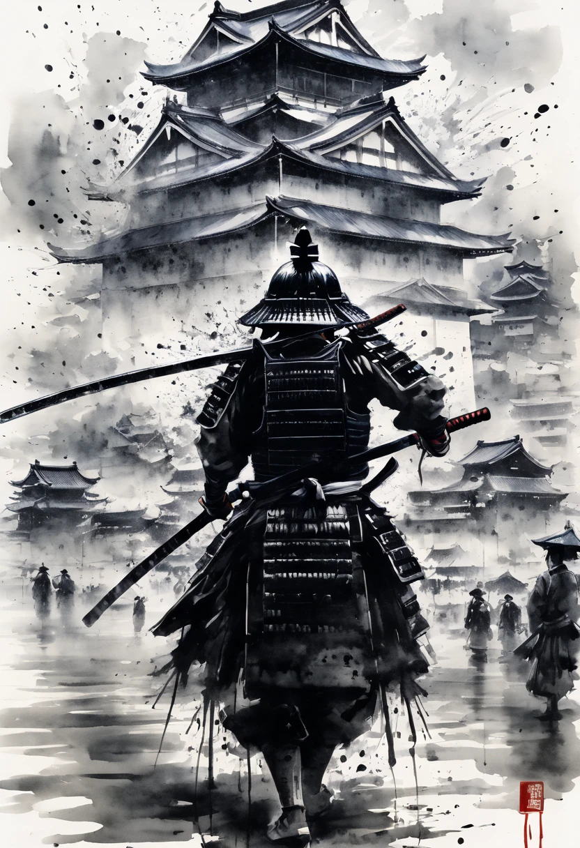 Ink painting,Ink Painting,Black and white painting,splash,Samurai,Black Costume,outstretched arms,Osaka Castle,Intense sword fighting scene,Dynamic movement and powerful brushstrokes、Drawing strokes drawn with rot ring 0.5mm Pen, Draw the perfect line.