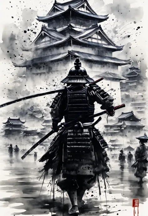 Ink painting,Ink Painting,Black and white painting,splash,Samurai,Black Costume,outstretched arms,Osaka Castle,Intense sword fig...