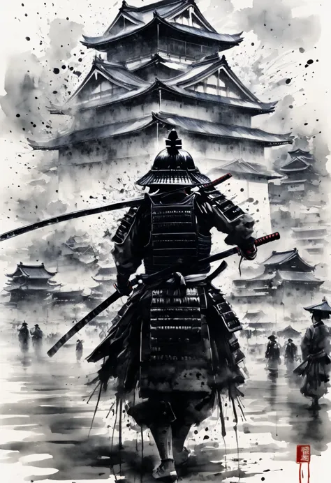 ink painting,ink painting,black and white painting,splash,samurai,black costume,outstretched arms,osaka castle,intense sword fig...