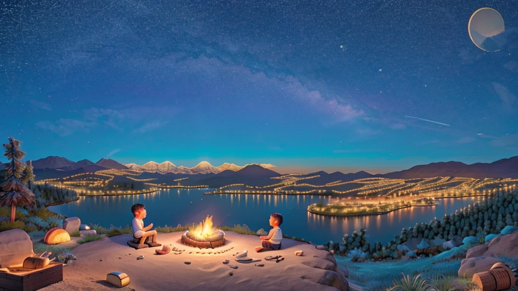 boy sitting by the campfire looking at the horizon at night, mountainscape, forst, beachfront, palm trees starry sky, overview, happy and colorful