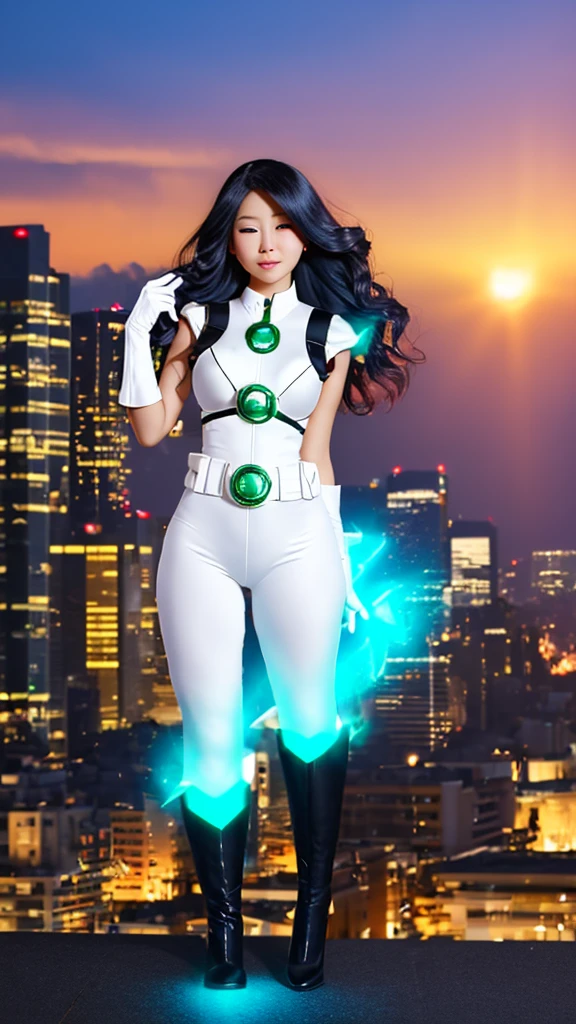 masterpiece, best quality, 1girl, black hair, blue eyes, green lantern costume, white gloves, cityscape background 