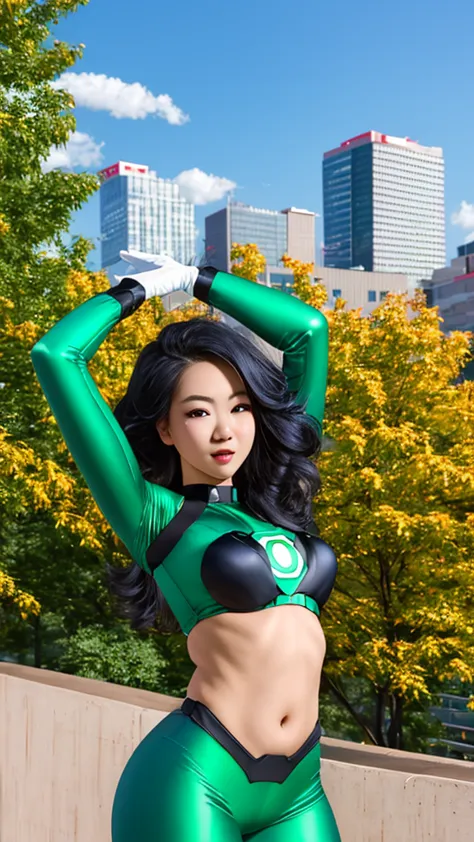 masterpiece, best quality, 1girl, black hair, blue eyes, green lantern costume, white gloves, cityscape background