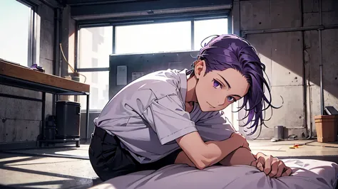 a small concrete room, a single bed, a purple-haired boy crouching on the floor, a boy in a white shirt, shoulder-length hair, f...