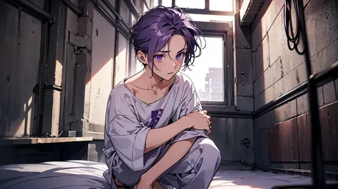 a small concrete room, a single bed, a purple-haired boy crouching on the floor, a boy in a white shirt, shoulder-length hair, f...