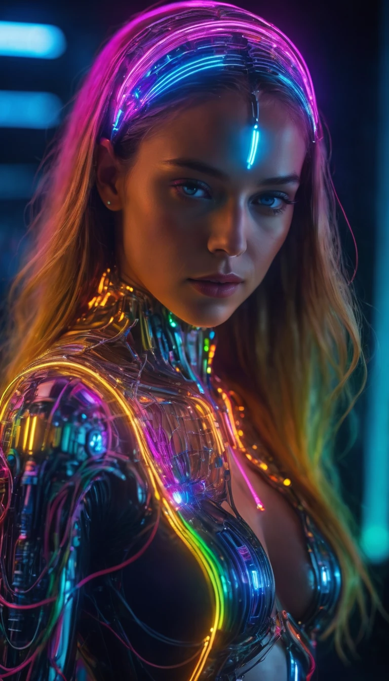 8K,RAW Photos,Highest quality,masterpiece,reality,Very detailed,Live Action,Very beautiful woman,android,cyborg,cyber-woman,slim, Fusion of machines and organisms,((Very detailed electronic equipment)),(A body with clearly visible internal electronics, see-through fabric),Very thin connecting wire,Wet body,Wet long hair,Advanced AI,neon,Rainbow Skin,Small glowing LED,future,Glamour,Large Breasts,Fantasy,movie,((whole body)),