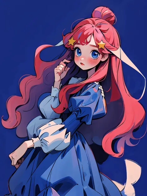 ((masterpiece, best quality:1.2), 1 girl, alone，red wavy hair，Light fluffy long hair，bow headband，star hairclips, blue eyes, its...