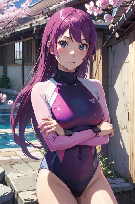 masterpiece, best quality, high resolution, s1, senjougahara hitagi, long hair, long sleeve,((( high neck swimsuit rosa claro)))...