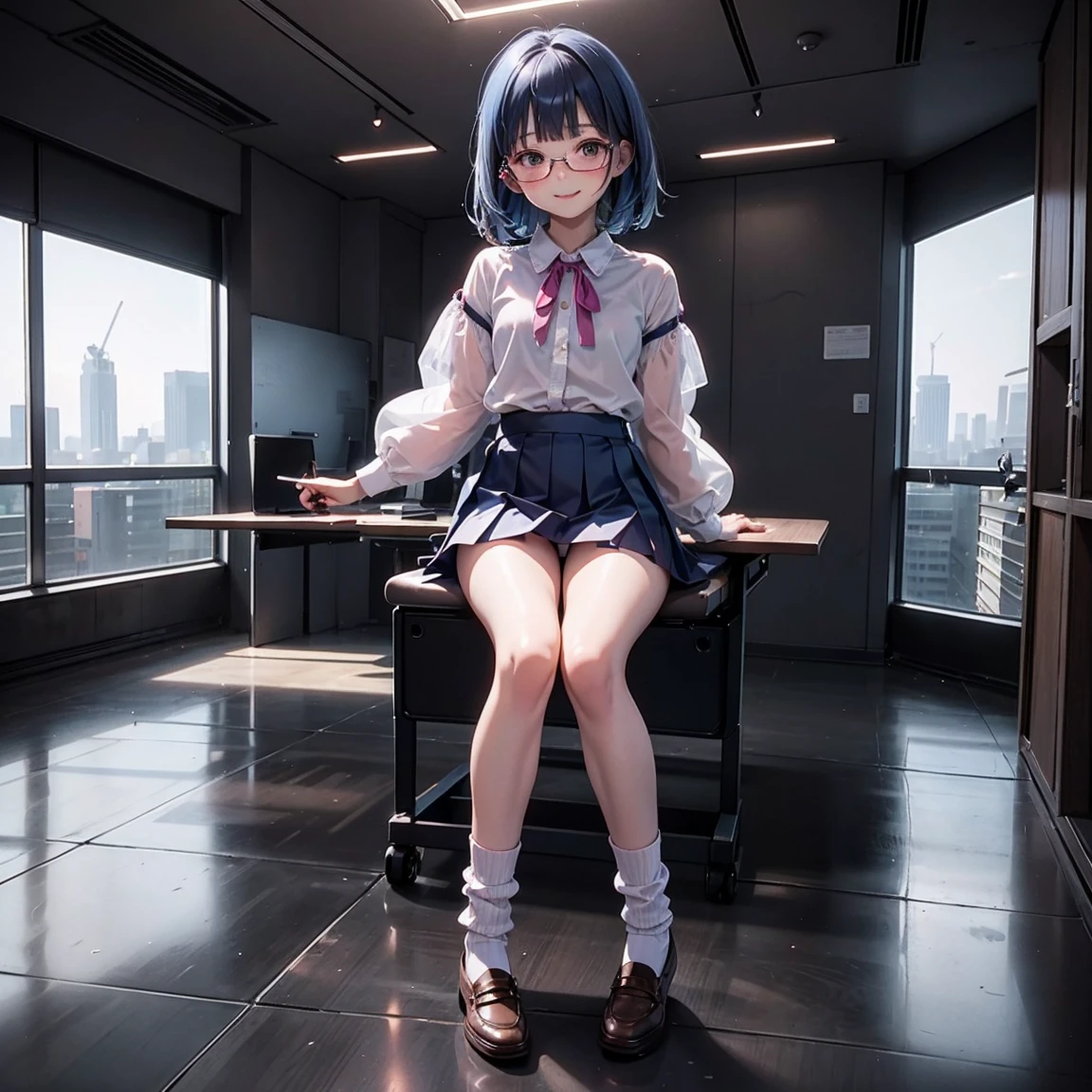 One woman（）、Short、Young face、smile、Long, blue hair、Thin glasses、White clothes、See-through shirt、ribbon、Short pleated skirt、Pink underwear、loose socks、Inside a skyscraper office at night、Spread your legs、Thin and lean legs、both hands tied and restrained