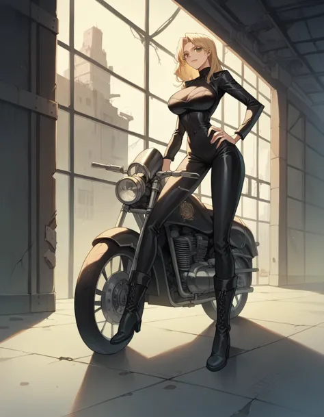 masterpiece, best quality, masterpiece, best quality, 1 woman, long blonde hair , black leather motorcycle suit , big breasts , ...