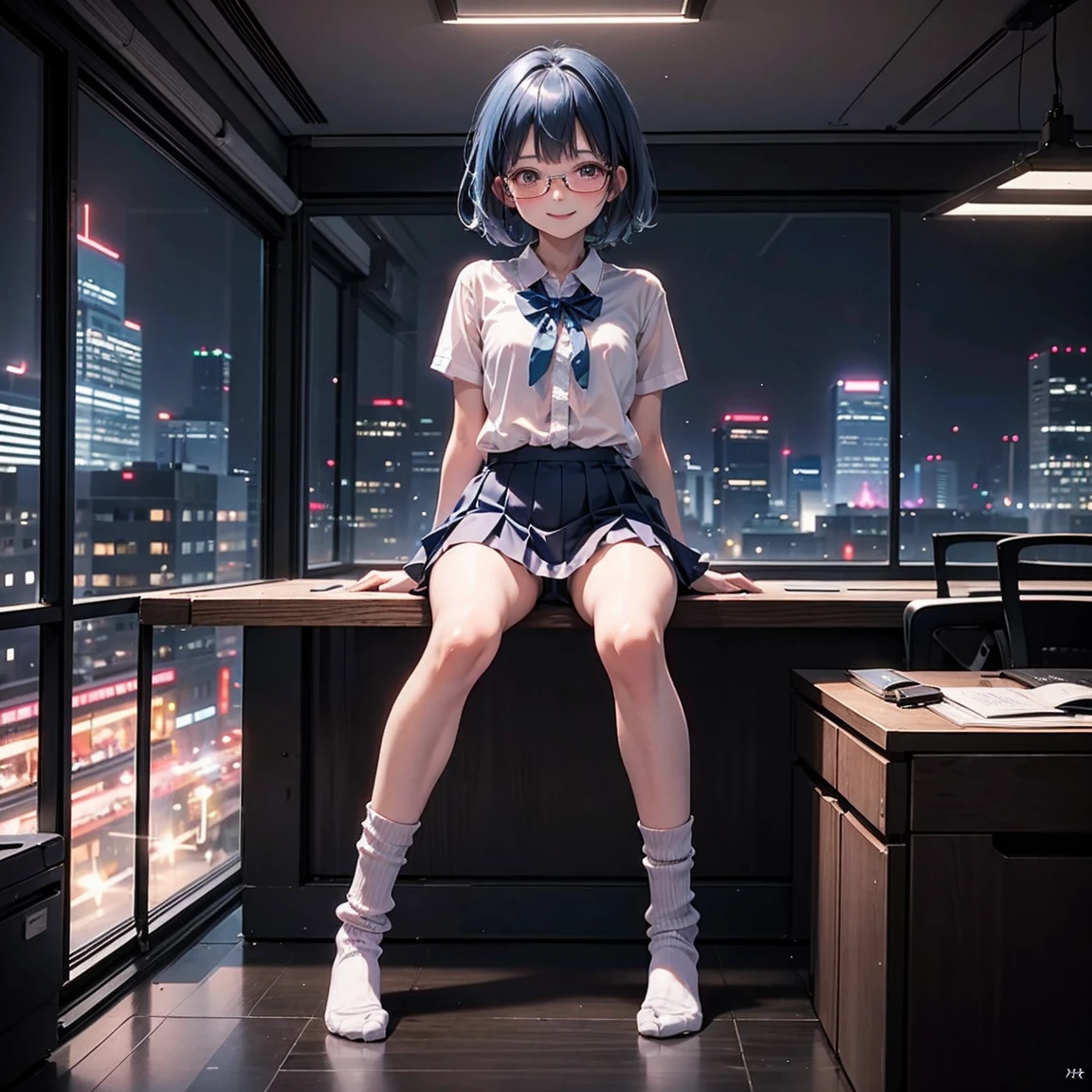 One woman（）、Short、Young face、smile、Long, blue hair、Thin glasses、White clothes、See-through shirt、ribbon、Short pleated skirt、Pink underwear、loose socks、Inside a skyscraper office at night、Spread your legs、Thin and lean legs、both hands tied and restrained