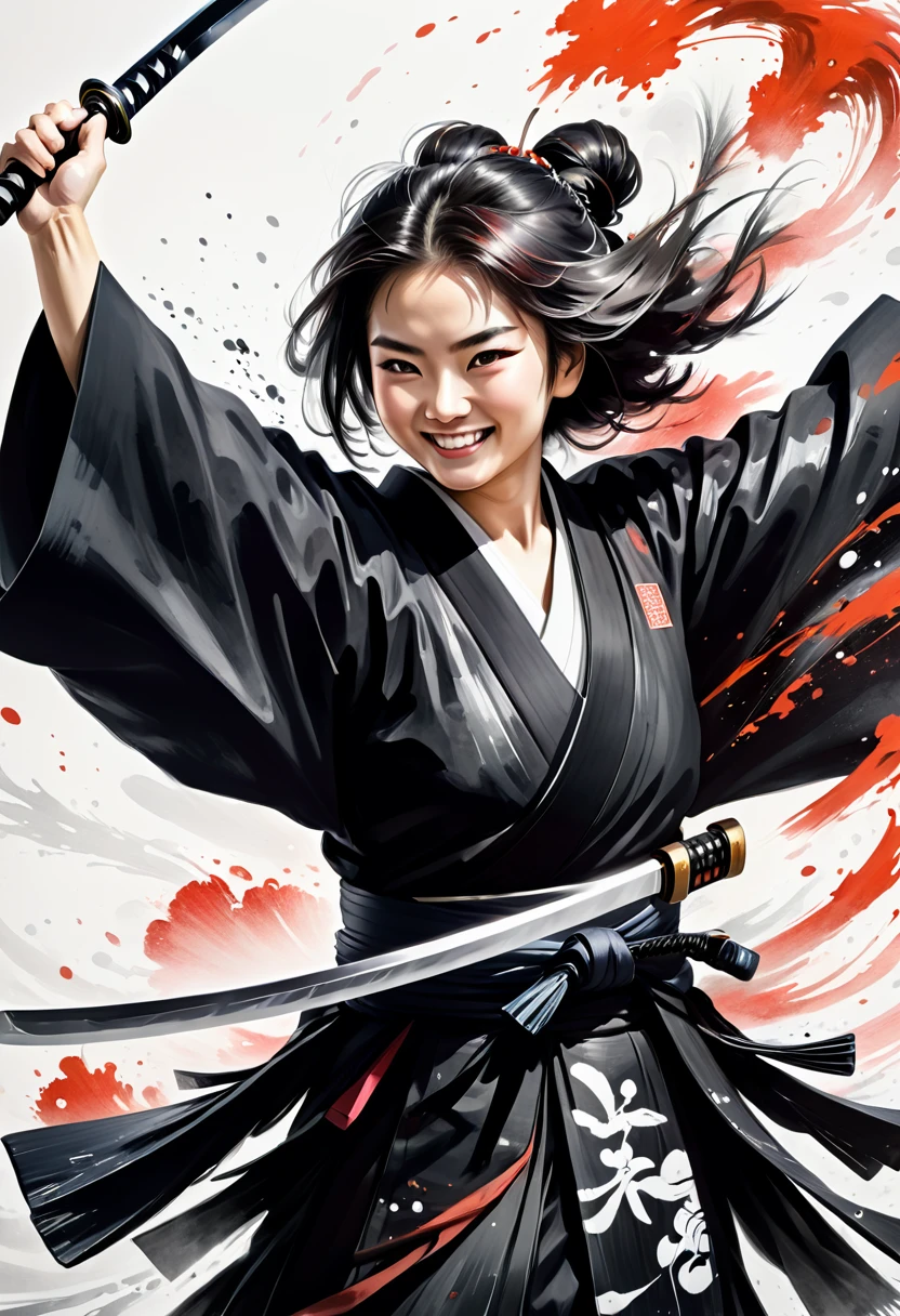 Pintura a tinta,Pintura em preto e branco,Respingo,((sorriso)),Cabelo medio,Samurai,Quimono preto,Haori,(Cena intensa de luta de espadas com braços estendidos),Desenhando traços desenhados com anel de podridão 0,Movimento dinâmico e pinceladas poderosas、