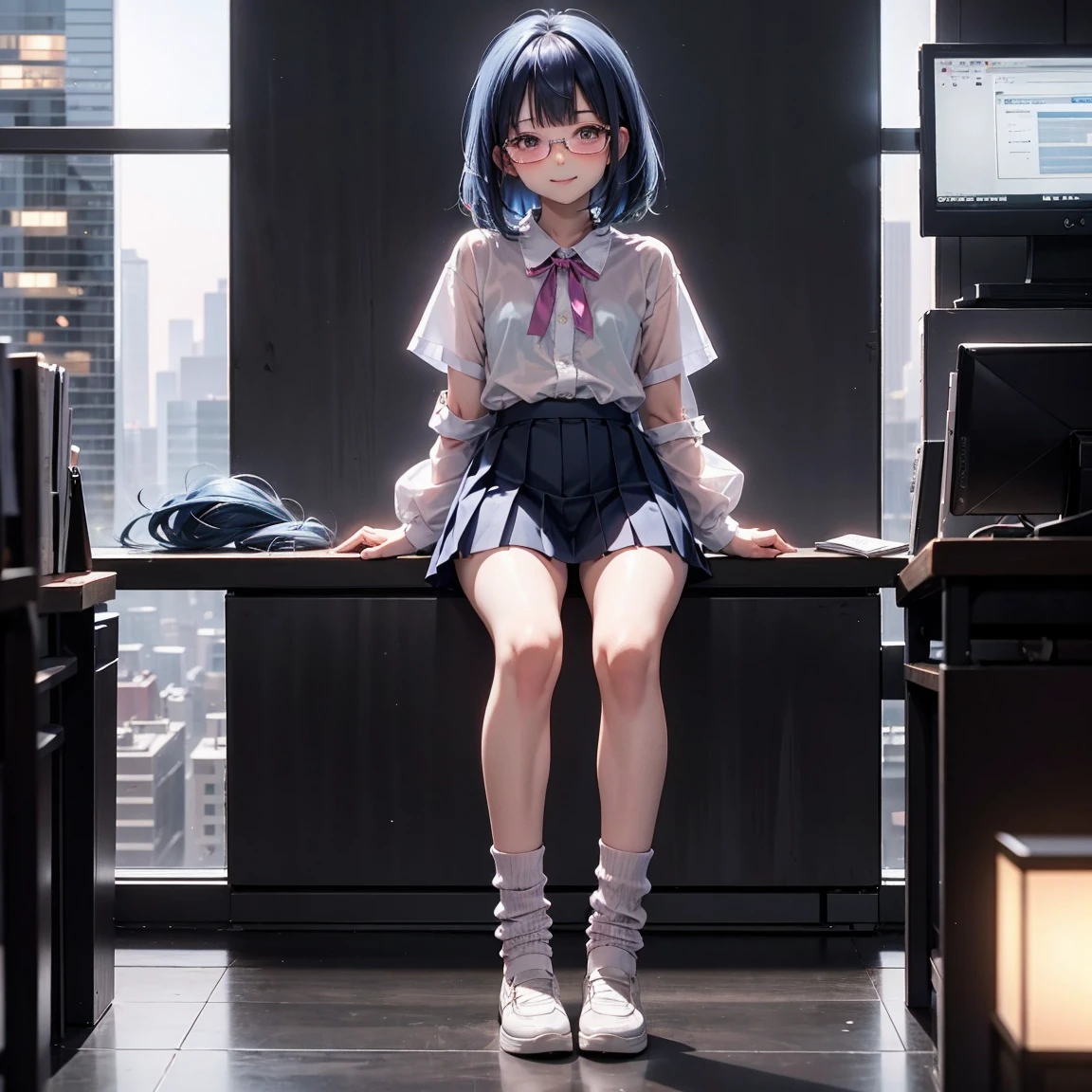 One woman（）、Short、Young face、smile、Long, blue hair、Thin glasses、White clothes、See-through shirt、ribbon、Short pleated skirt、Pink underwear、loose socks、Inside a skyscraper office at night、Spread your legs、Thin and lean legs、both hands tied and restrained