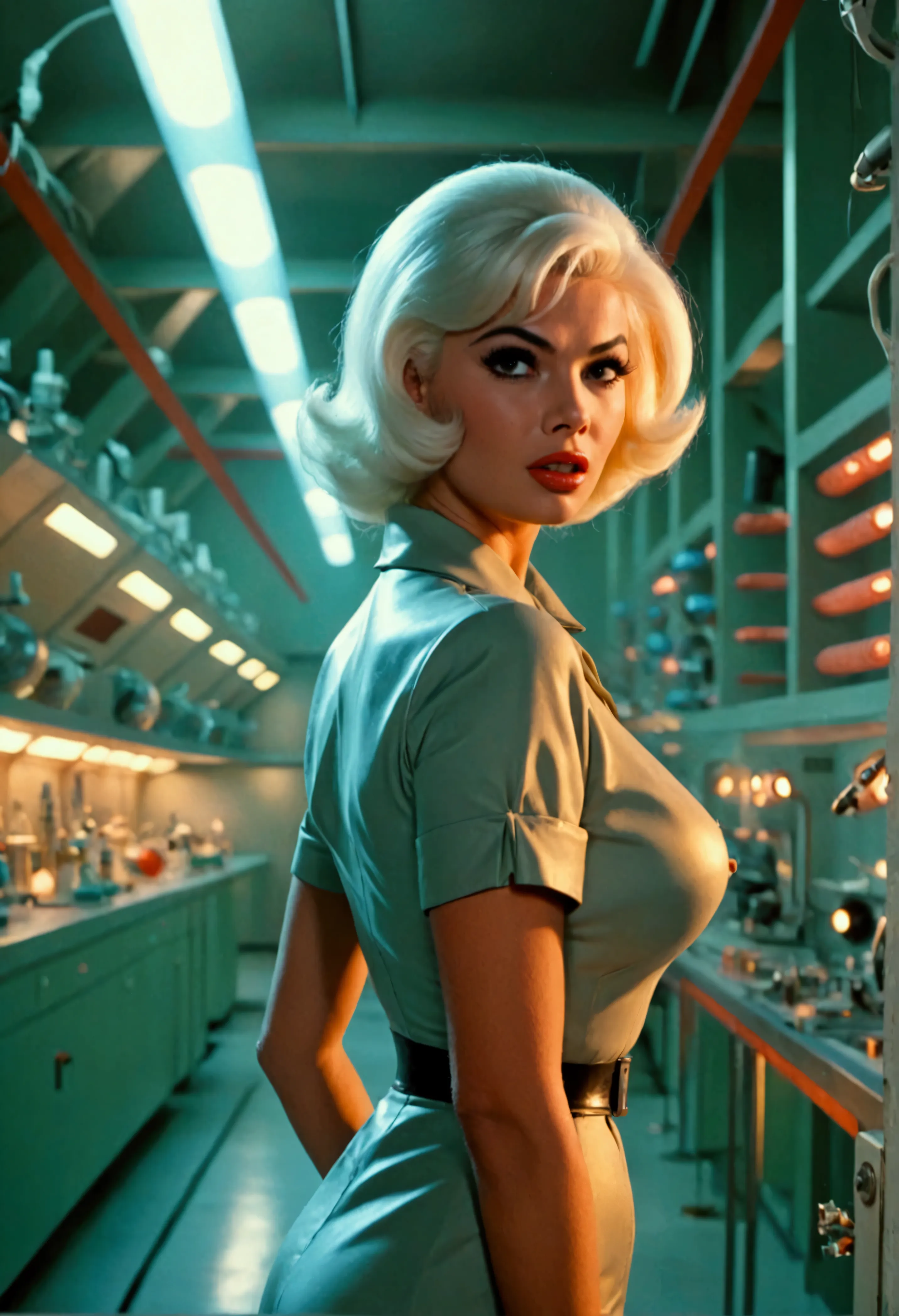 jayne mansfield (age 25, young and vibrant, sexy sci fi scientist), damsel in distress, recoiling from a terrible monster. scien...