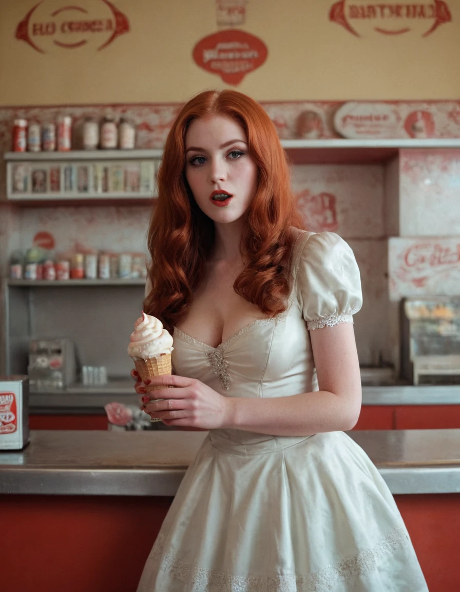 Portrait (((vampire))), hot, sexy, , sexy, hot, (((big tits))) long hair, (((red hair))) (((white skin))), gotic dress, retro pastel walls, a stylish counter vintage soda fountain and old ice cream posters, bathed in warm sunlight, analog and kodachrome film photographs.
