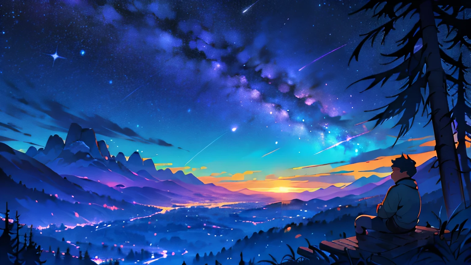 A boy is sitting by a campfire, looking at the horizon at night. In the background, there is a stunning panoramic landscape with majestic mountains, a dense forest, a serene beach with palm trees gently swaying in the wind, and a dazzling starry sky. The scene is happy and colorful, capturing the serenity and natural beauty of the surroundings.