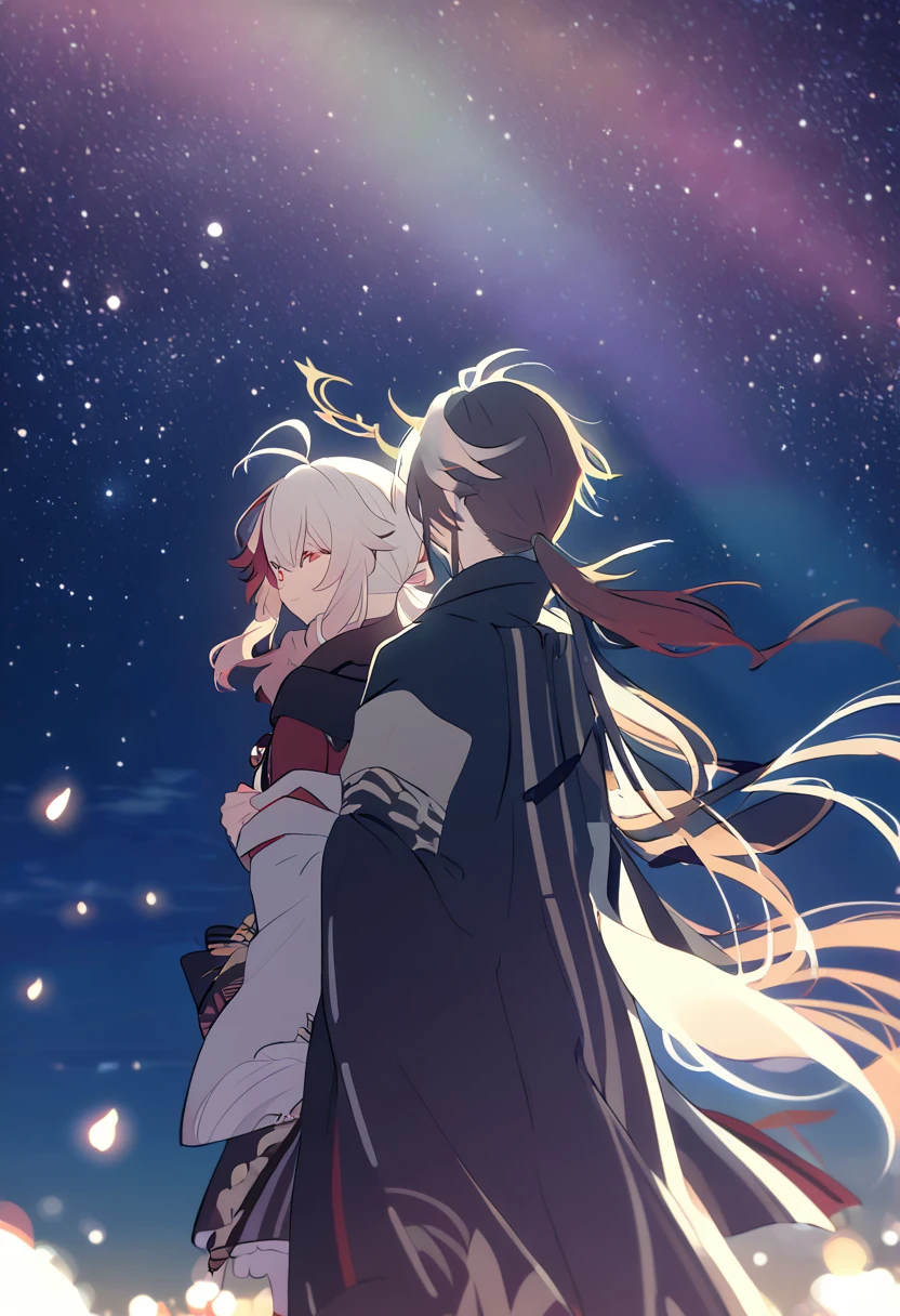 Man and woman couple, walking under the stars, at night, very close, Columbina, Kaedehara Kazuha,