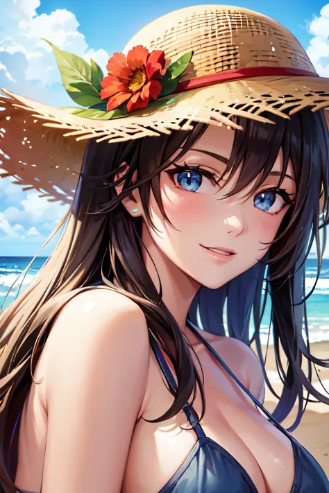 one girl, long tied brunette hair, smile, blue eyes, wink, view your audience, wear a bikini, flower straw hat, (beach), (sunset...