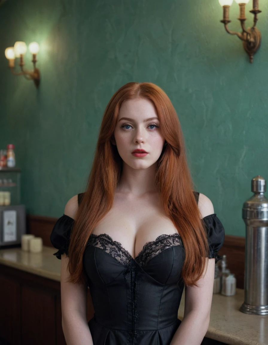 (girl with beautiful long red hair,girl with big breasts,girl with pale white skin,girl in gothic dress,retro pastel walls,vintage soda fountain,analog film photography,kodachrome film photography,best quality,4k,8k,highres,masterpiece:1.2,ultra-detailed,realistic,photorealistic,photo-realistic:1.37,HDR,UHD,studio lighting,ultra-fine painting,sharp focus,physically-based rendering,extreme detail description,professional,vivid colors,bokeh,portrait,gothic,retro)