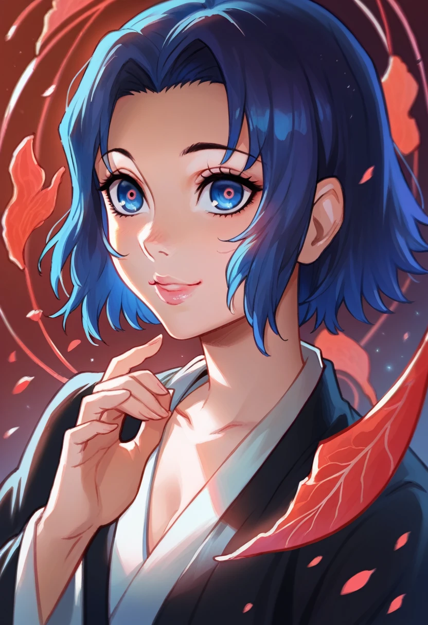 a cartoon character from Demon Slayer, 1girl, beautiful detailed eyes, beautiful detailed lips, extremely cute, smile cute, black and BLUE hair, BLUE Eyes,  